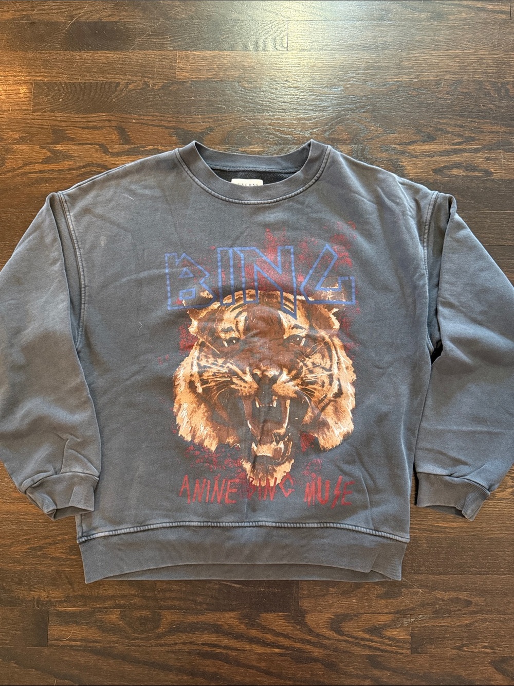 Anine Bing Charcoal Crewneck Sweater with Tiger Graphic
